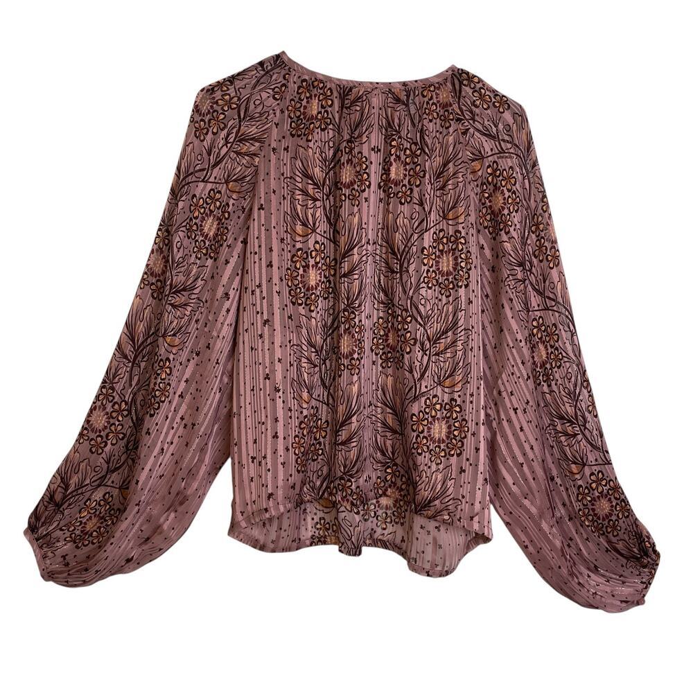 Sabina Musayev Blouse Womens Small Pink Floral Striped Balloon Sleeve Metallic
